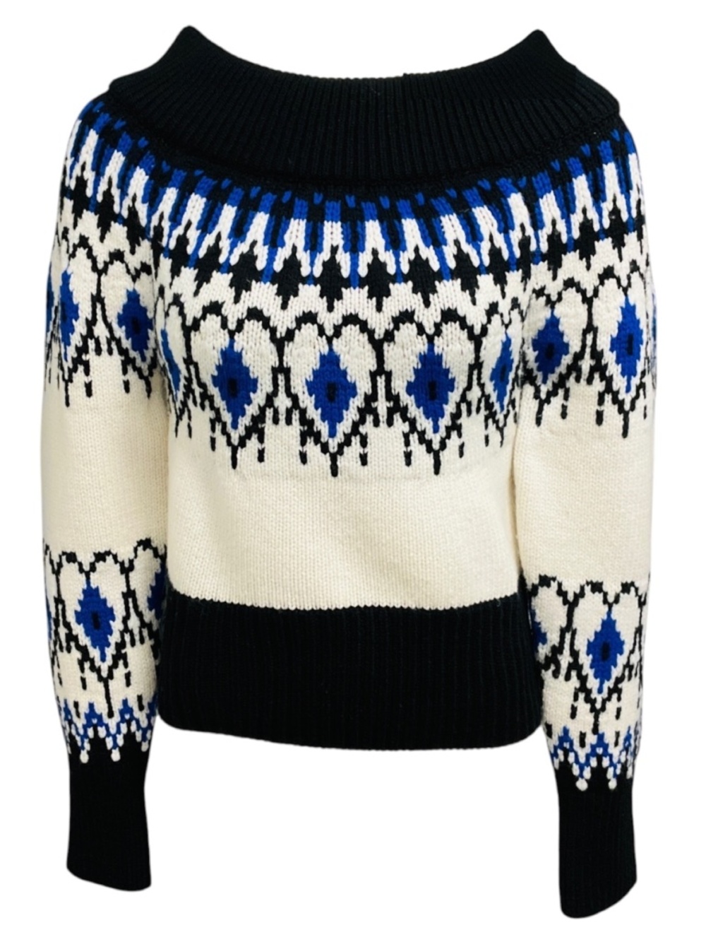 ALEXANDER MCQUEEN BLACK / IVORY / BLUE FAIRISLE CROPPED KNIT SWEATER